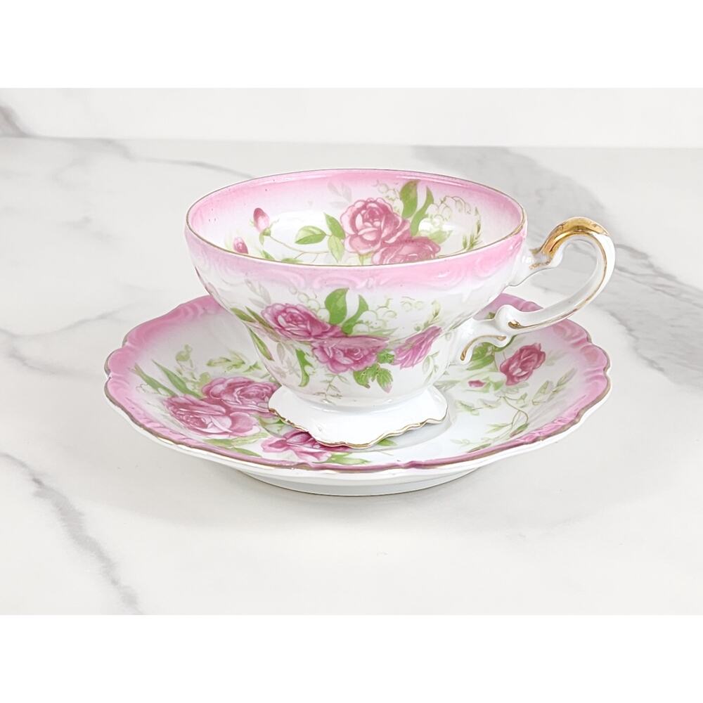 Norcrest Rare Teacup & Saucers French Rose Pink Floral Fine China Japan Vintage